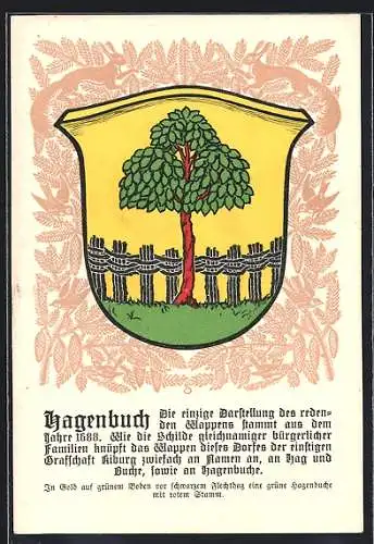 AK Hagenbuch, Das Ortswappen, In Gold auf grünem Boden vor schwarzem Flechthag eine grüne Hagenbuche mit rotem Stamm