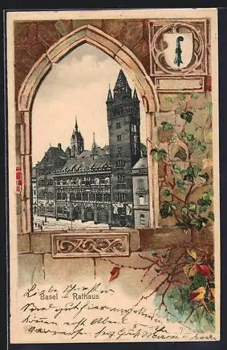 Passepartout-Lithographie Basel, Rathaus mit Wappen