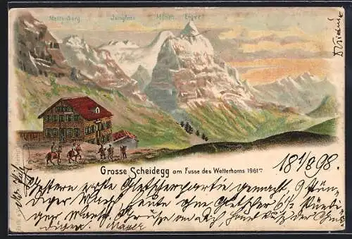 Lithographie Grosse Scheidegg am Fusse des Wetterhorns, Teilansicht gegen Lettenberg, Jungfrau, Mönch und Eiger