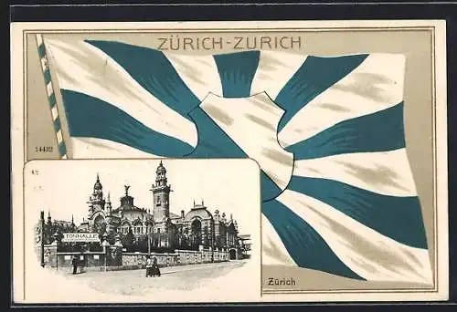 AK Zürich, Die Tonhalle, Passepartout mit Stadtflagge