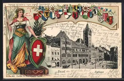 AK Basel, Partie am Rathaus, Passapartout mit Helvetia im Wappenschild, Kantons-Wappen