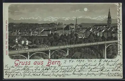 Mondschein-Lithographie Bern, Panoramablick mit Viadukt