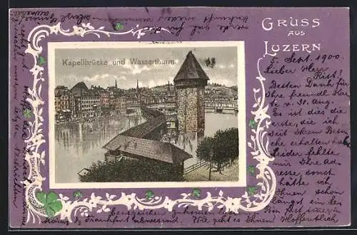 AK Luzern, Kapellbrücke und Wasserturm im Passepartout