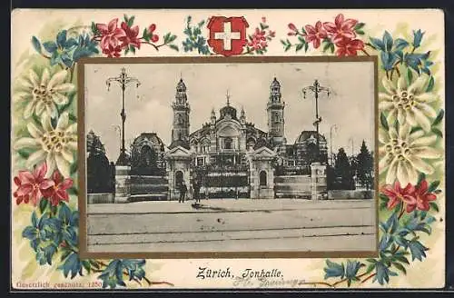 AK Zürich, Frontalansicht der Tonhalle im floralen Passepartout