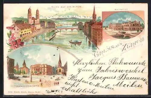 Lithographie Zürich, Blick auf die Alpen, Paradeplatz, Bahnhof