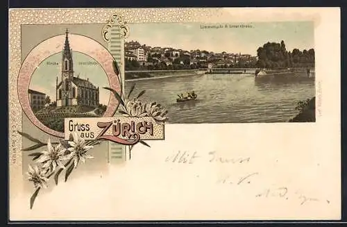 Lithographie Zürich, Limmatspitz und Unterstrass, Kirche Unrterstrass