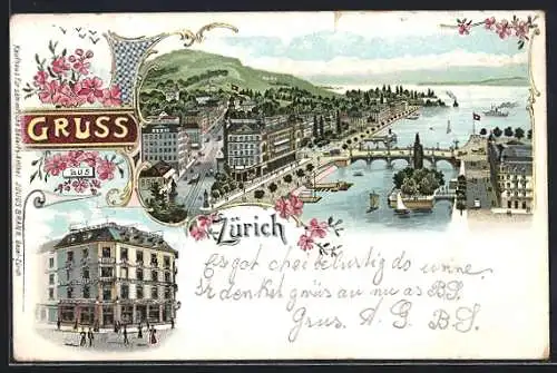 Lithographie Zürich, Ortsansicht, Tonhalle am Alpenquai