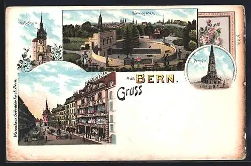 Lithographie Bern, Warenhaus Gebrüder Loeb, Käfigthurm, Bärengraben