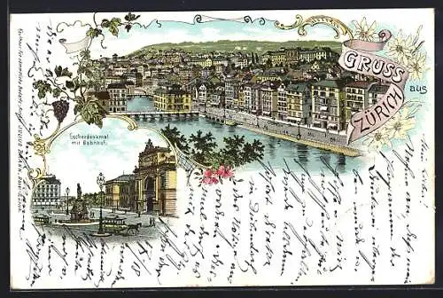 Lithographie Zürich, Escherdenkmal mit Bahnhof, Ortsansicht