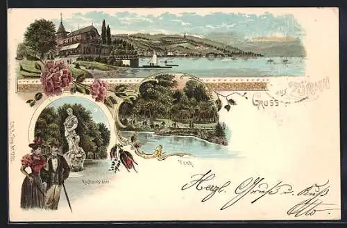 Lithographie Zürich, Alphornbläser, Teich, Panoramablick