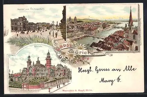 Lithographie Zürich, Teilansicht mit Brücke, Bahnhof und Polytechnikum, Tonhalle