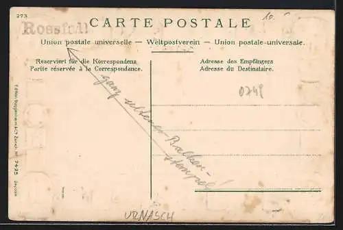 AK Urnäsch, Gasthaus Rossfall v. J. Wikle, Kantonswappen und Denkmäler im Passepartout