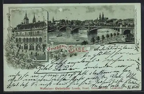 Mondschein-Lithographie Basel, Rathaus, Panorama mit Flussbrücke