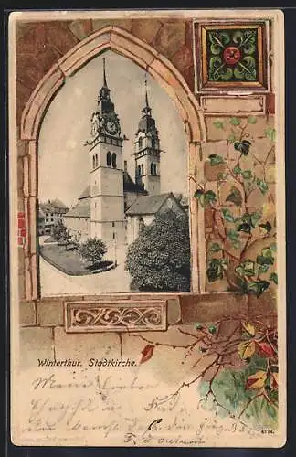 Lithographie Winterthur, Blick auf die Stadtkirche, Mauerfenster-Passepartout