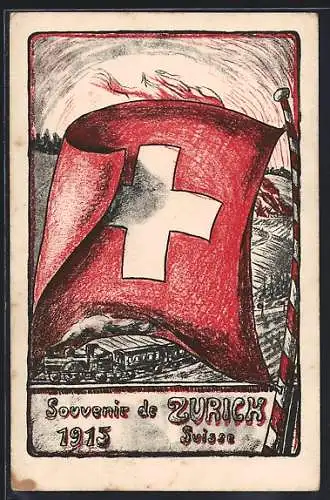 Künstler-AK Zürich, Brennendes Gehöft, Eisenbahn und Schweizer Nationalflagge