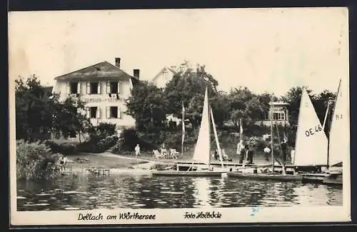 AK Dellach am Wörthersee, Pension zum Seewirth mit Gartengebäude und Bootssteg