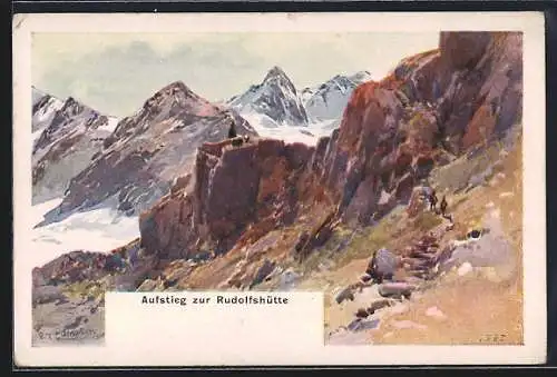 Künstler-Lithographie Edward Theodore Compton: Aufstieg zur Rudolfshütte