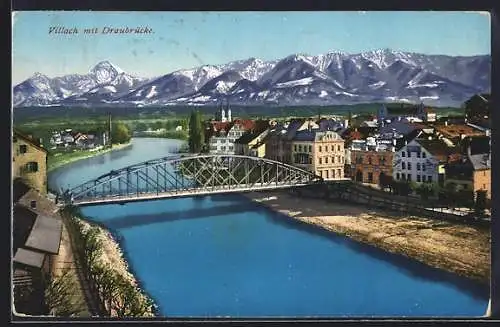 AK Villach, Panorama mit der Draubrücke