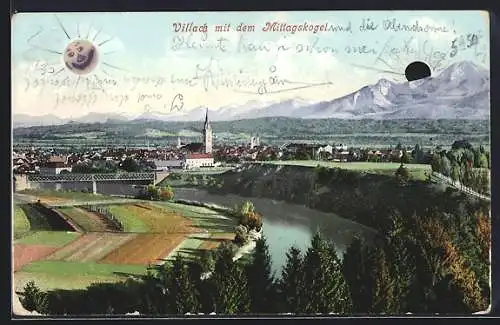 AK Villach, Gesamtansicht mit dem Mittagskogel, Sonne und Mond aufgeklebt