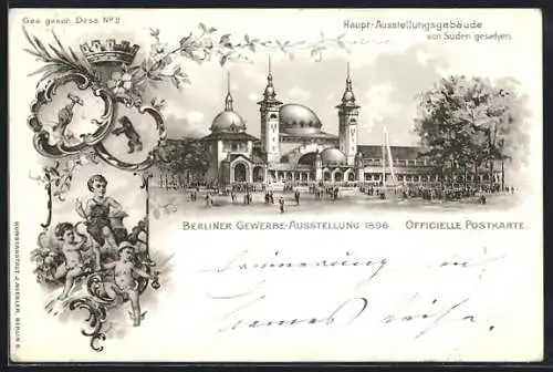 Lithographie Berlin, Gewerbe-Ausstellung 1896, Haupt-Ausstellungsgebäude von Süden und Kinder mit Werkzeugen