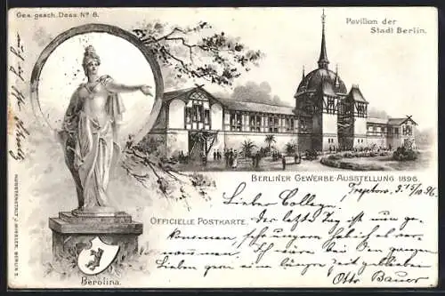 Lithographie Berlin, Gewerbe-Ausstellung 1896, Pavillon der Stadt Berlin, Steinskulptur