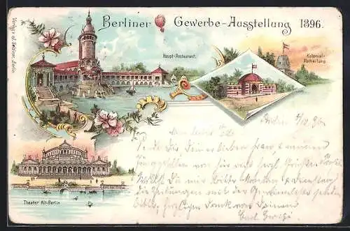 Lithographie Berlin, Gewerbe-Ausstellung 1896, Theater Alt Berlin Kolonialabteilung, Hauptrestaurant