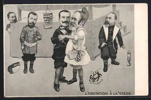 AK L`Invitation à la Valse, Nikolaus II. von Russland und Vittorio Emanuele III., Collage