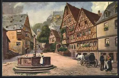 Künstler-AK H. Hoffmann: Miltenberg, Der Marktplatz mit Brunnen, Pferd mit Fass, Leute