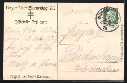 Künstler-AK Ludwig von Zumbusch: Bayerischer Blumentag 1913, Kind mit einer Blume