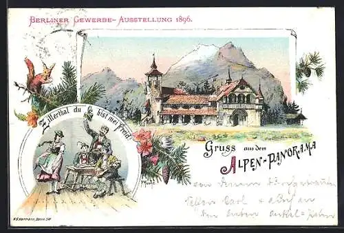 Lithographie Berlin, Gewerbe-Ausstellung 1896, Alpen-Panorama, Eichhörnchen