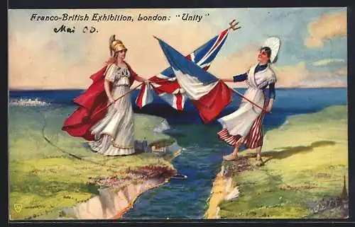 AK London, Franco-British Exhibtion, Unity, Women with National Flags