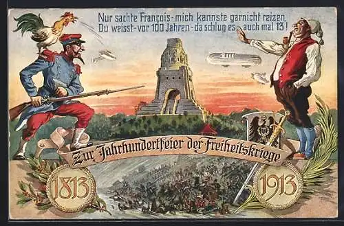 AK Deutscher Michel: Nur sachte Francois, mich kannste gar nicht reizen, Du weisst vor 100 Jahren, 1813-1913, Zeppelin