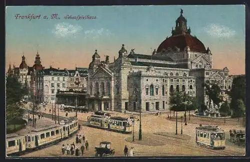 AK Frankfurt a.M., Schauspielhaus und Strassenbahnen, Frauen und Männer mit Hüten