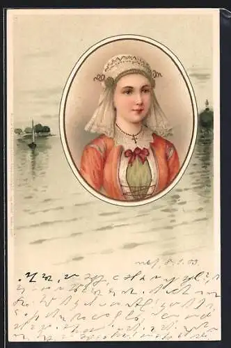 AK Junge Dame mit Haube und Gewässer im Jugendstil