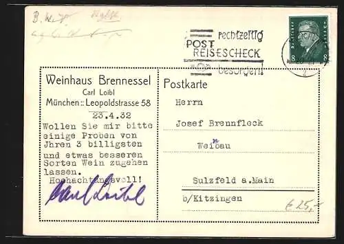 AK München-Au, Gasthaus Weinhaus Brennessel, Bes. Carl Loibl, Leopoldstrasse 58