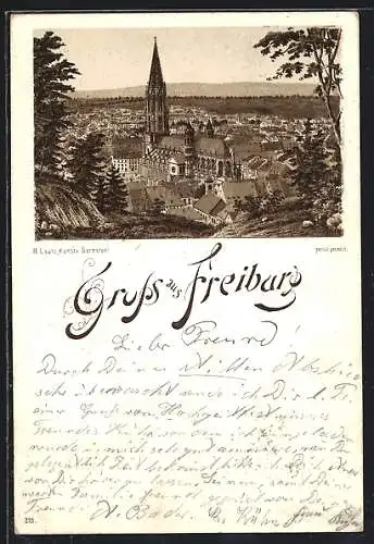 Lithographie Freiburg / Breisgau, Das Münster vom Wald aus gesehen