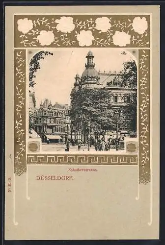 Präge-AK Düsseldorf, Schadowstrasse, Rahmen mit Goldakzenten
