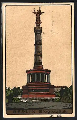 Steindruck-AK Berlin-Tiergarten, Blick auf die Siegessäule