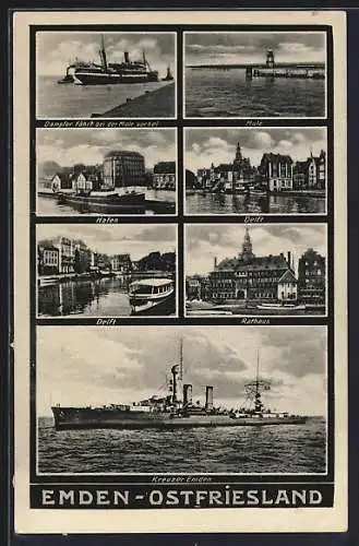 AK Emden, Kriegsschiff und Kreuzer Emden und Ortsansichten von Hafen, Rathaus und Delft