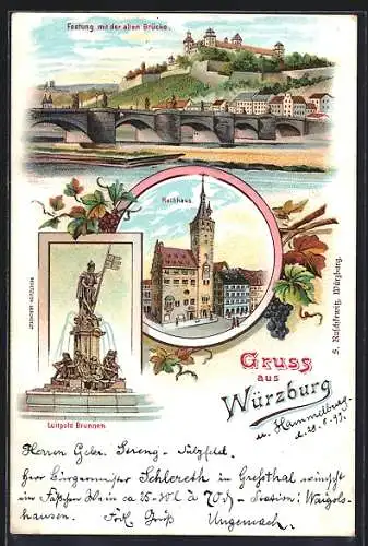 Lithographie Würzburg, Festung mit alter Brücke, Rathaus