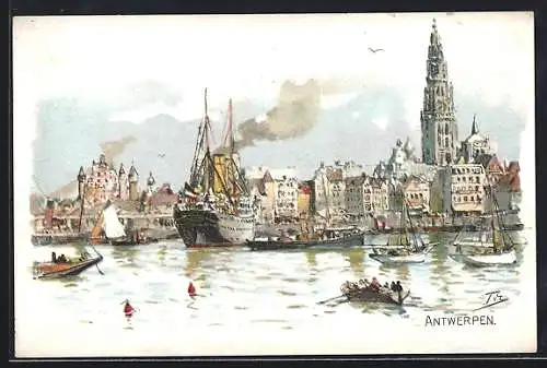 Künstler-AK Antwerpen, Hafen mit Schiffen und Booten