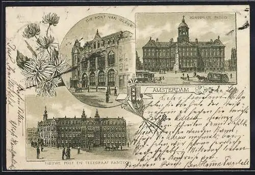 Lithographie Amsterdam, Die Port van Cleve, Koninklijk Paleis, Nieuwe Post en Telegraaf Kantoor