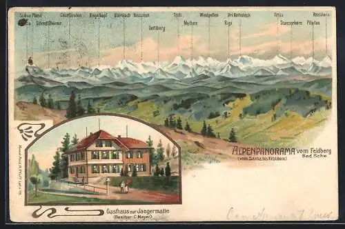 Lithographie Feldberg / Schwarzwald, Alpenpanorama mit Gasthaus zur Jaegermatte