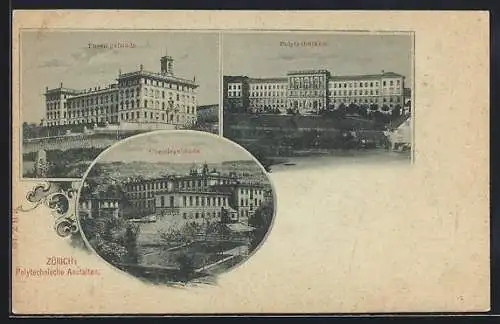 Mondschein-AK Zürich, Polytechnische Anstalten, Physikgebäude, Chemiegebäude