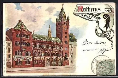 Künstler-AK Basel, Rathaus, Stadtwappen