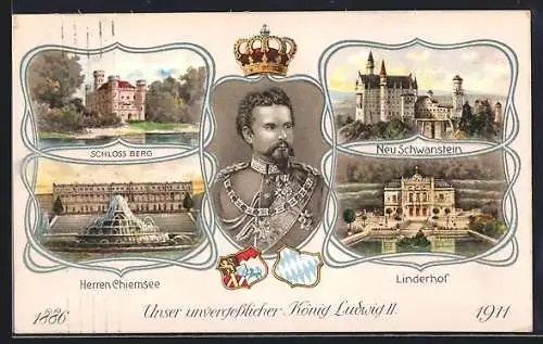 AK König Ludwig II., Schloss Berg, Herrenchiemsee, Neuschwanstein, Linderhof