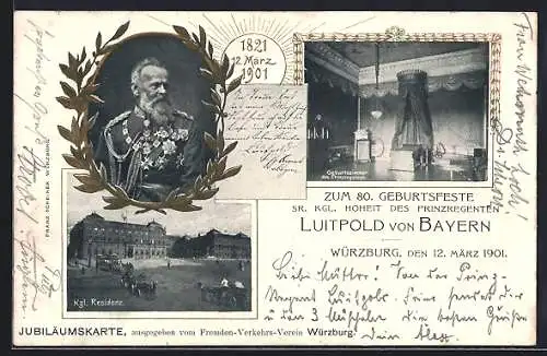 AK Würzburg, Zum 80. Geburtsfeste des Prinzregenten 1901, Königl. Residenz, Geburtszimmer, Festpostkarte