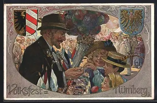 Lithographie Nürnberg, Volksfest, Verkäufer und Wappen