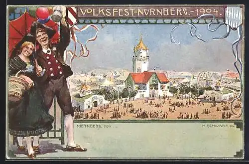 Künstler-AK Nürnberg, Volksfest 1904, Festgelände