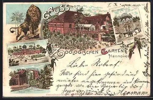 Lithographie Hannover, Zoologischer Garten - Löwe, Kamelhaus, Felsen, Affenhaus und Hauptgebäude